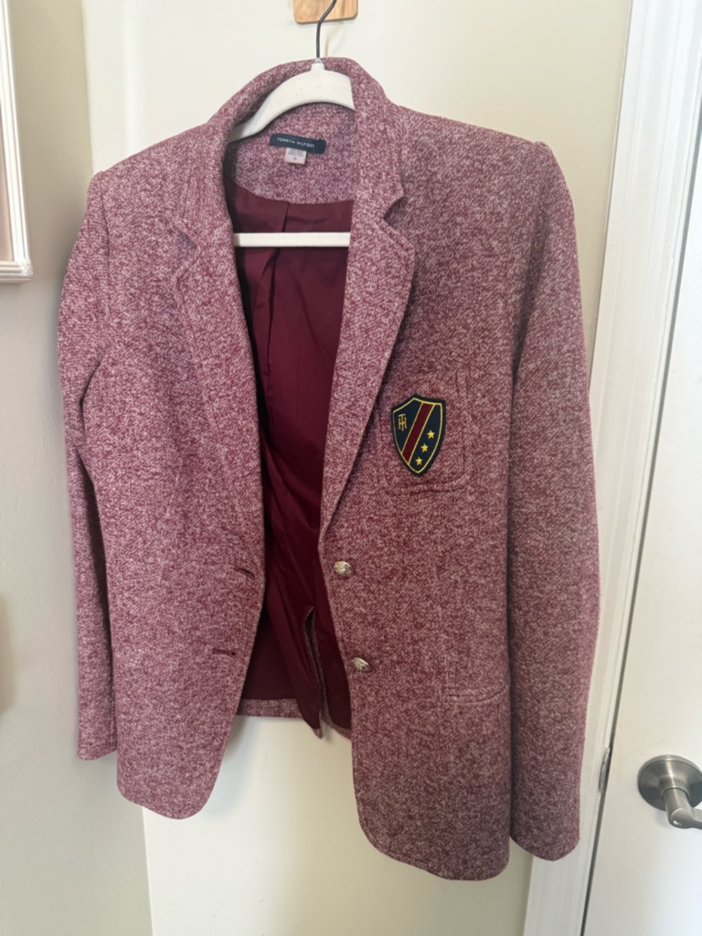 Tommy Hilfiger Burgundy Heather Knit Blazer with Crest Patch